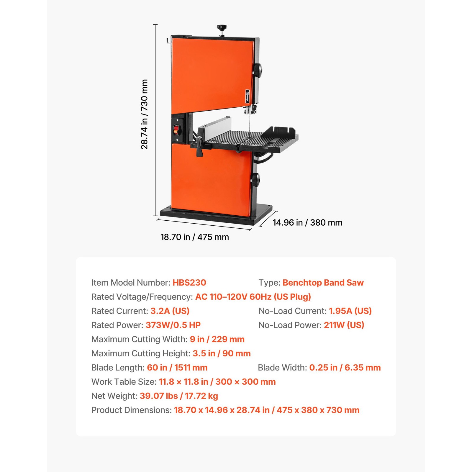 9 – Inch Woodworking Benchtop Band Saw, 1/ 2 HP, 3.5″ Cut Height, 11.8×11.8″