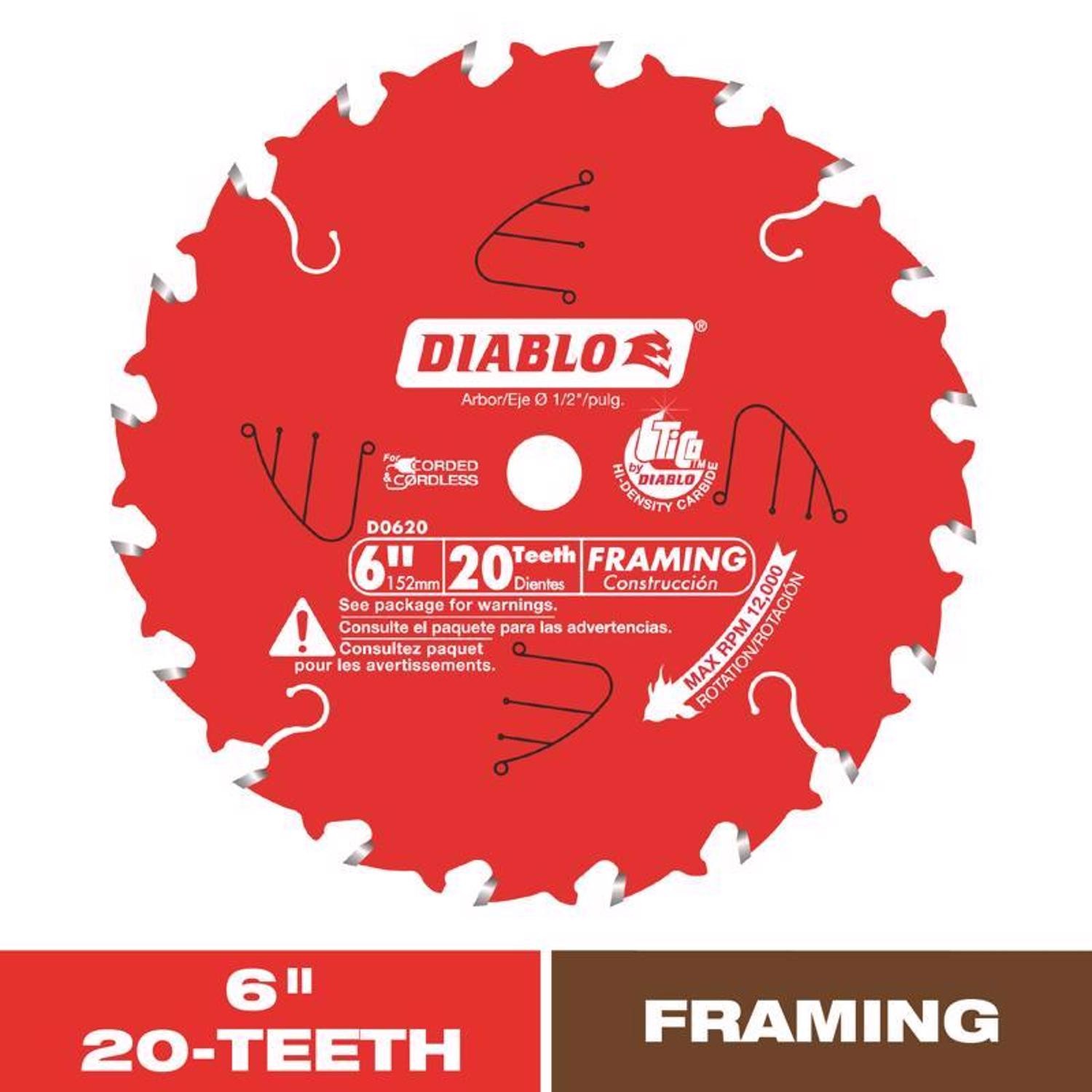 Diablo D0620X 20 Tooth Carbide Arbor Framing Circular Saw Blade 6 Dia. In.