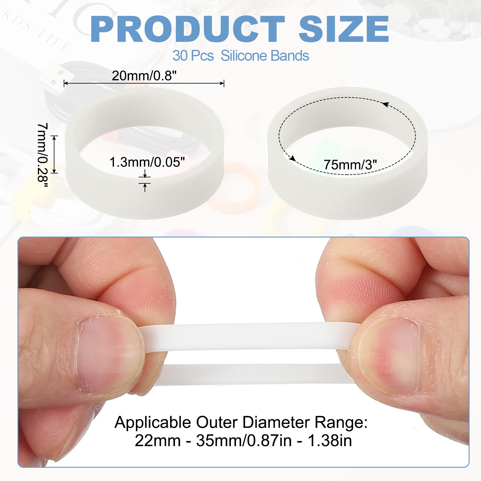 30Pcs 0.8 x 0.28 Inch Tiny Silicone Wide Rubber Bands Rings, Luminous White