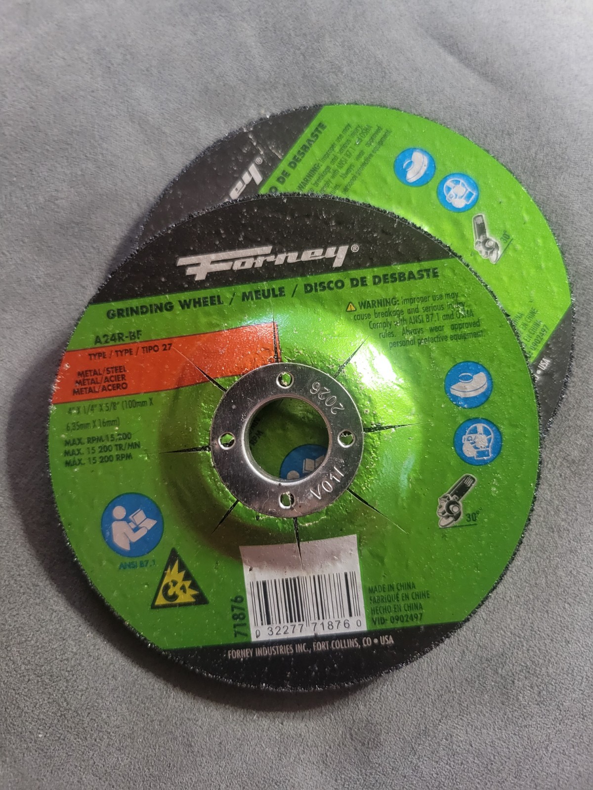 Lot Of 2 Forney 71876 Aluminum Oxide 13,700 rpm 4 Dia. in. Grinding Wheel 1/4 in