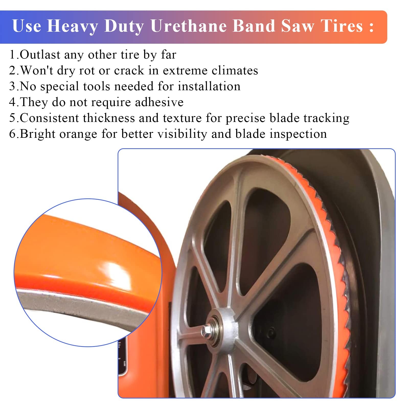 Urethane Band Saw Tires 6″ Inch x 3/8″ x.095″ FOR 3-wheel 10″ Orange