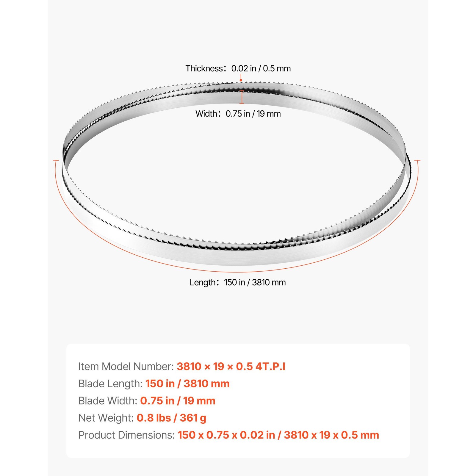 Bandsaw Blade, 150 Inch Length, 4 TPI Band Saw Blade with 18 HRC Hardened Sharp