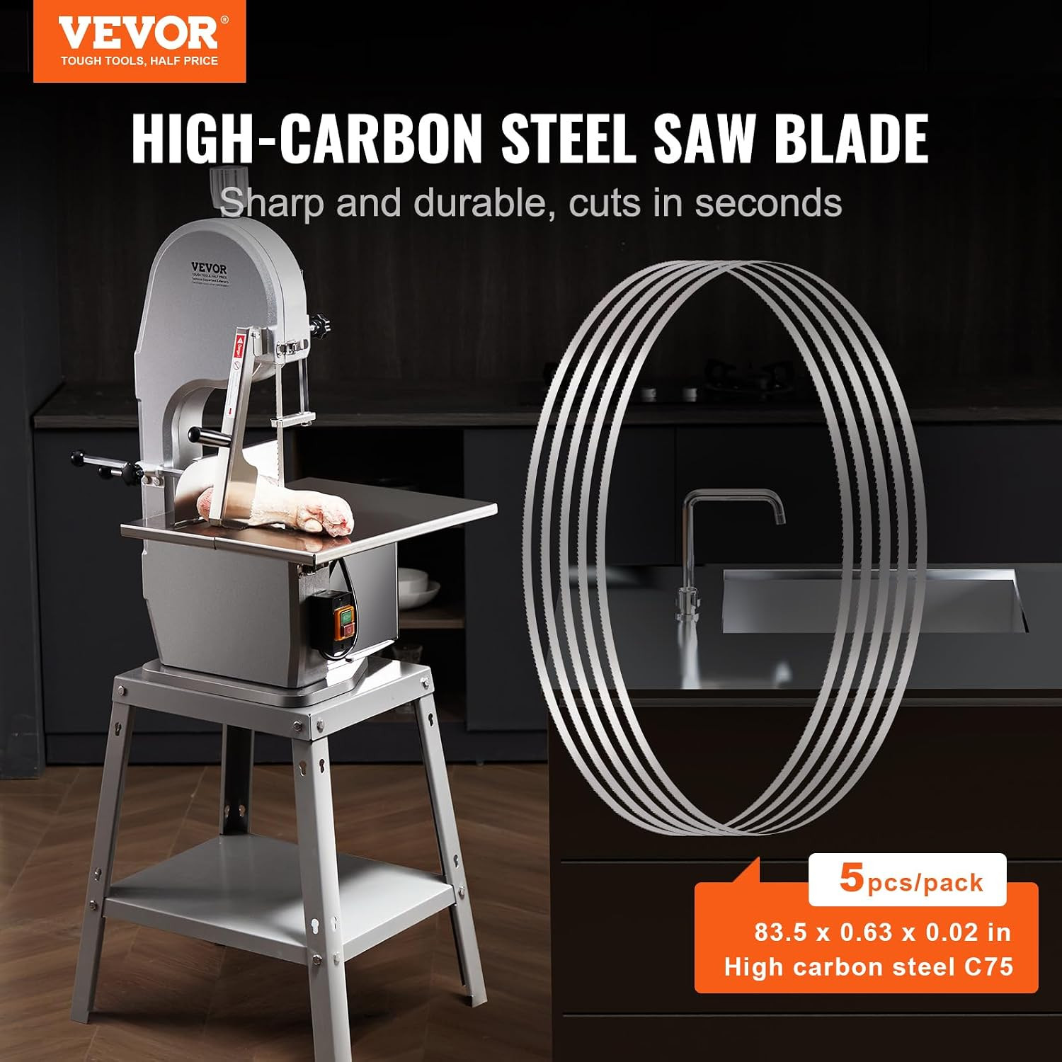 Band Saw Blade, 83.5X0.63X0.02 Inch, 5 Pcs/Pack Meat Bandsaw Blades for Replacem