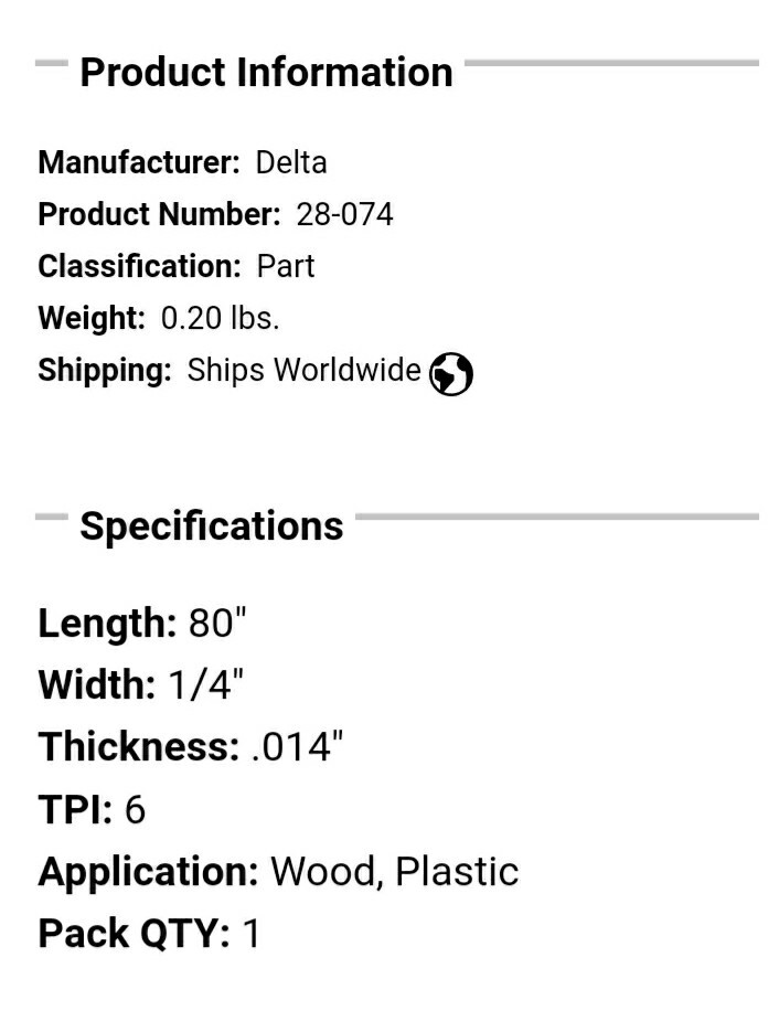 Delta 28-074 Band Saw Blade 80” 1/4 Inch 6 TPI for Wood Cutting USA