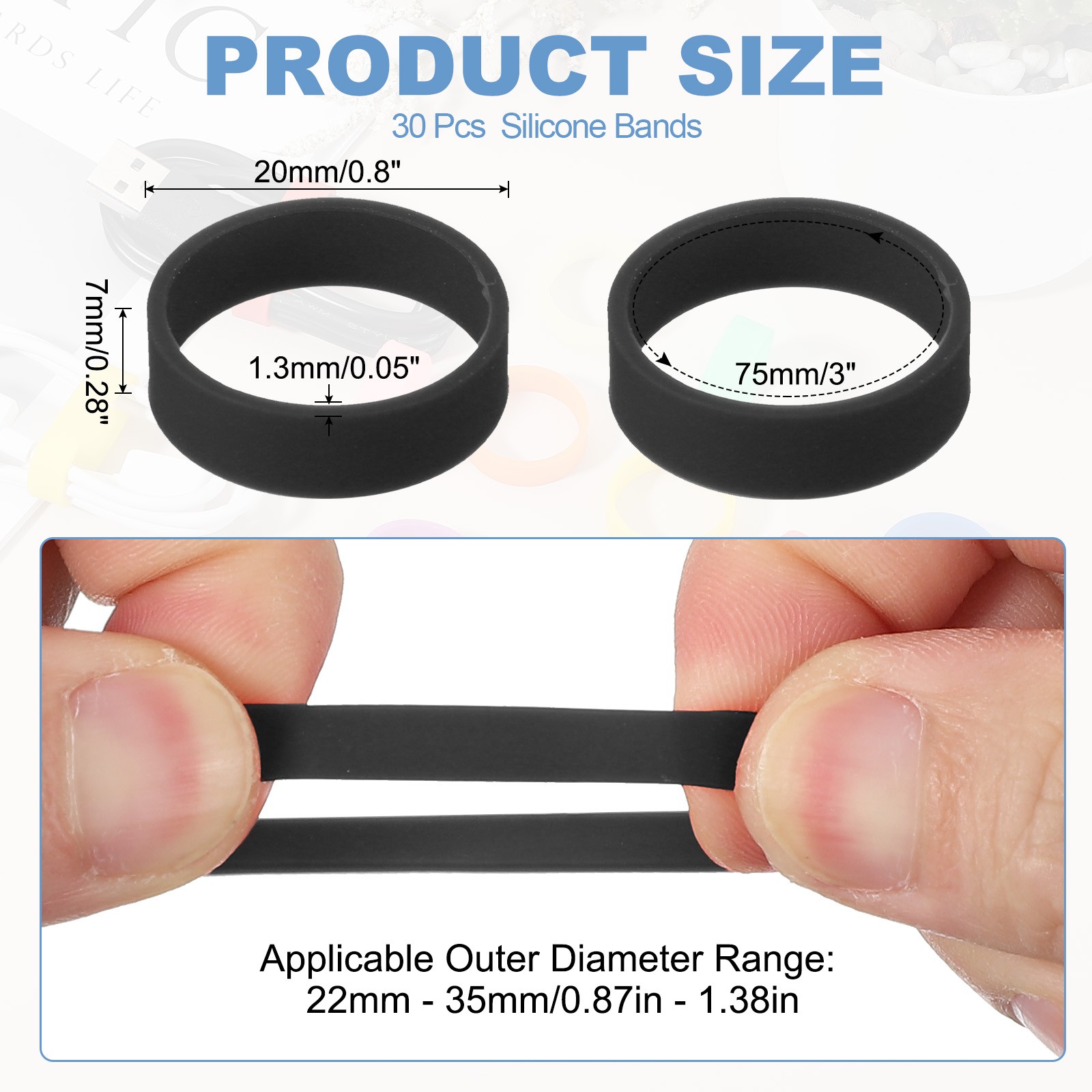30Pcs 0.8 x 0.28 Inch Silicone Wide Rubber Bands for Fashion Accessory, Black