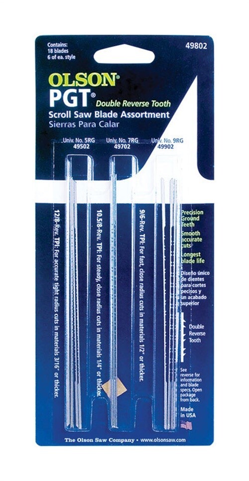Olson PG49802 Reverse Tooth Carbon Steel PGT Assortment Scroll Saw Blade 5 L in.