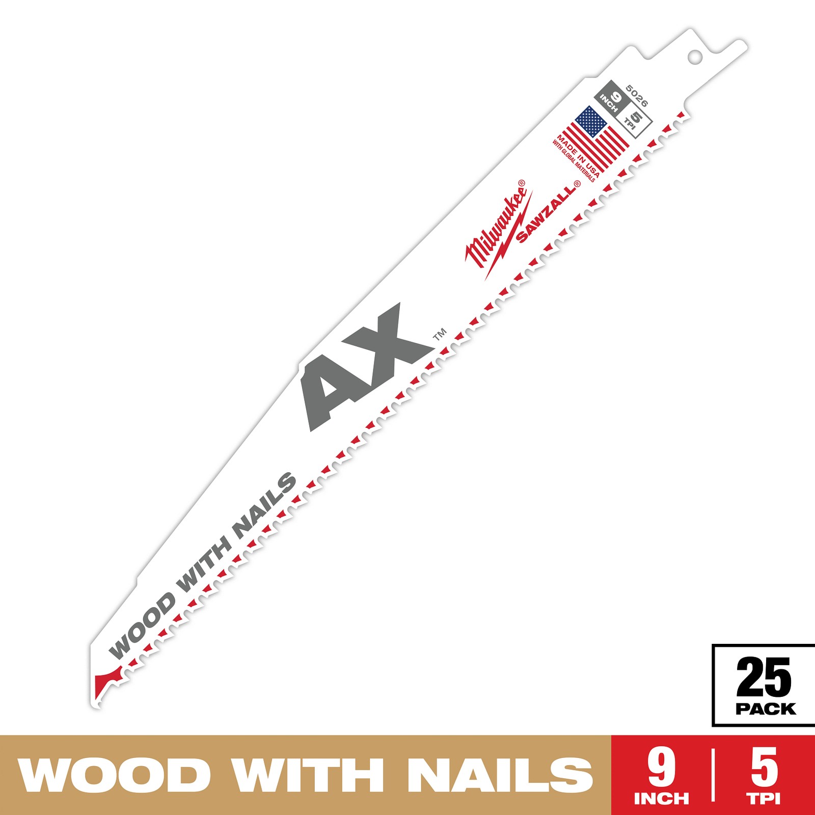 Milwaukee Tool 48-00-8026 9″ 5 TPI Ax SAWZALL Blade For Wood With Nails (25 Pk)