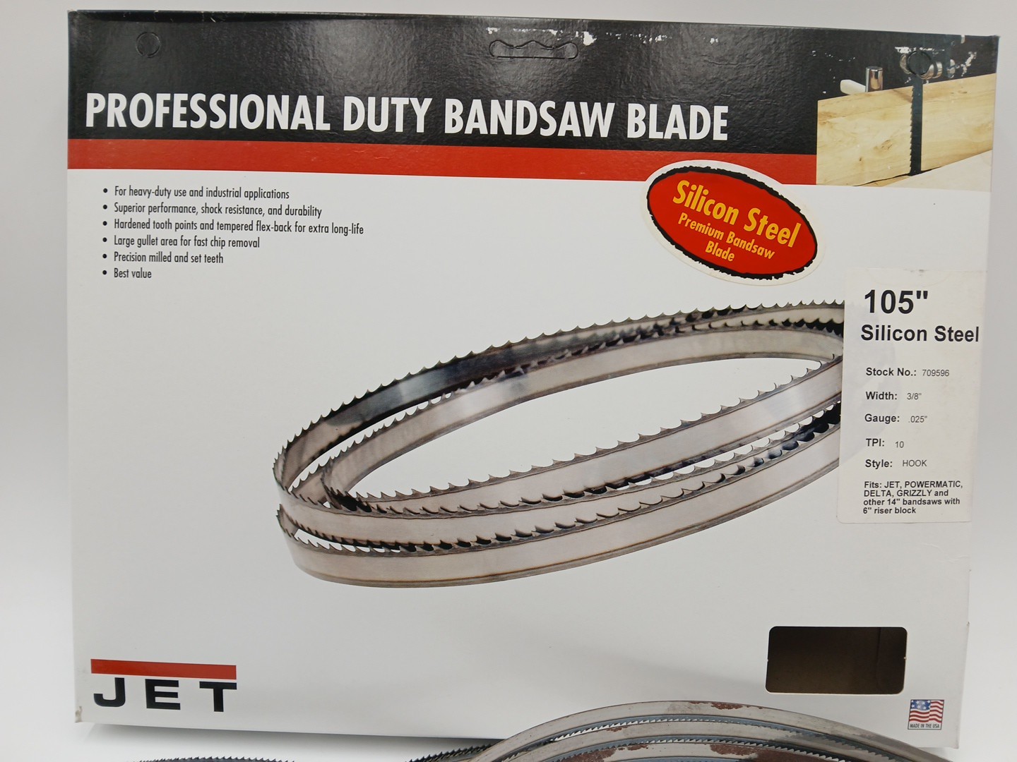 Set of 3 JET Silicon Steel WW Bandsaw Blade 105″ 3/8″ 10 Raker .025″(Light Rust)