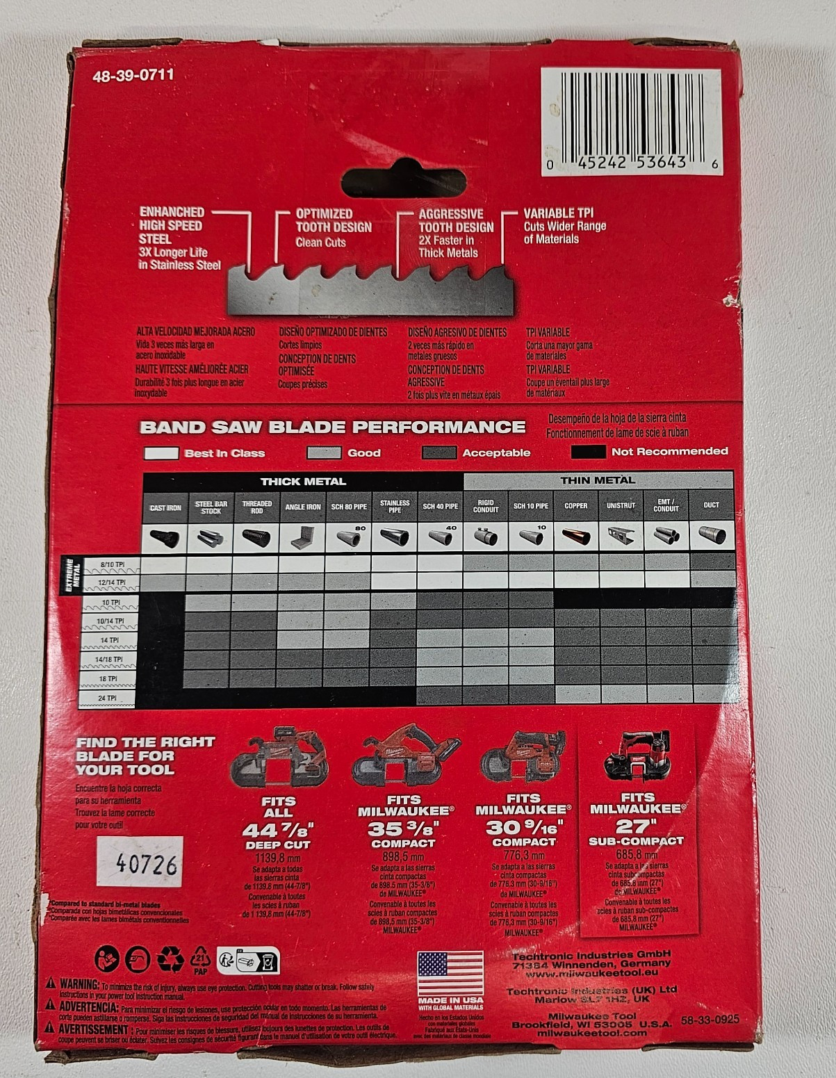 Milwaukee 48-39-0711 27″ Band Saw Blades 12/14 TPI Thin Metal 3 Pack