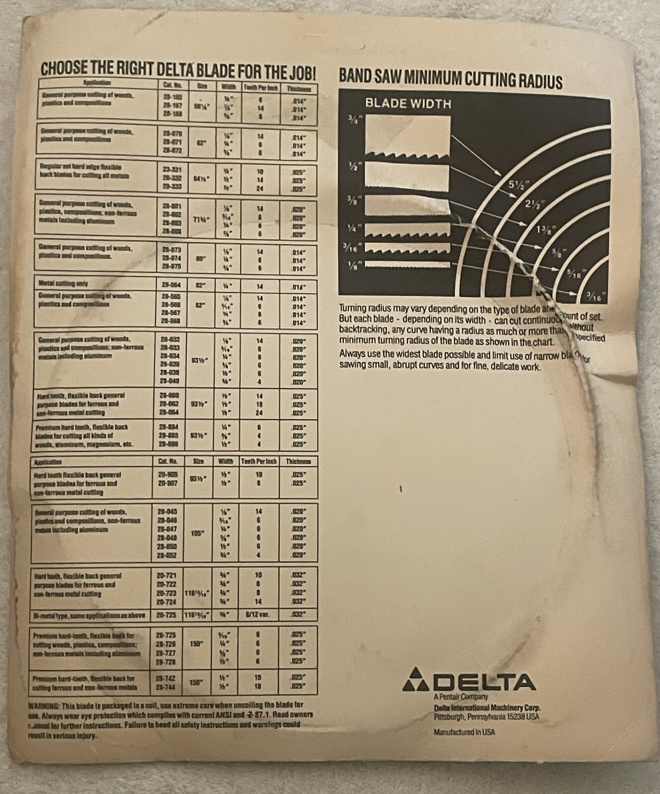 Delta 28-034 Wood 93 1/2″ BAND SAW BLADE D/ Wide – 6 TPI : 020″ Thick
