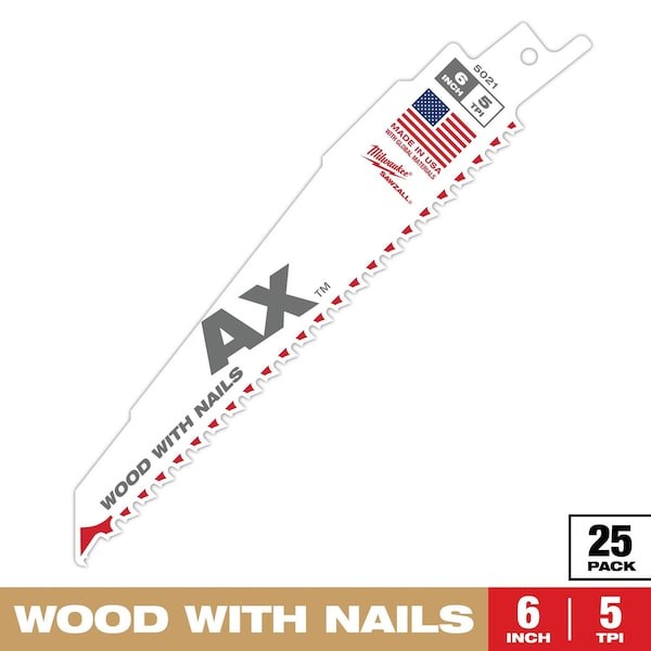 Milwaukee Tool 48-00-8021 6″ 5 Tpi The Ax Sawzall Blade (25 Pk)