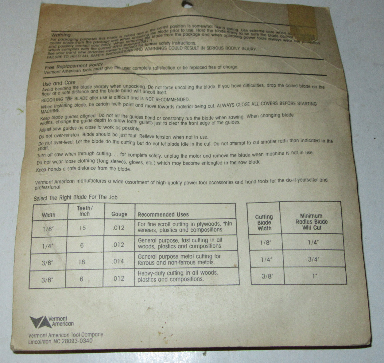 NOS USA Made Vermont American Woodcutting Bandsaw Blade #31158 3/8″ x 59 1/2″