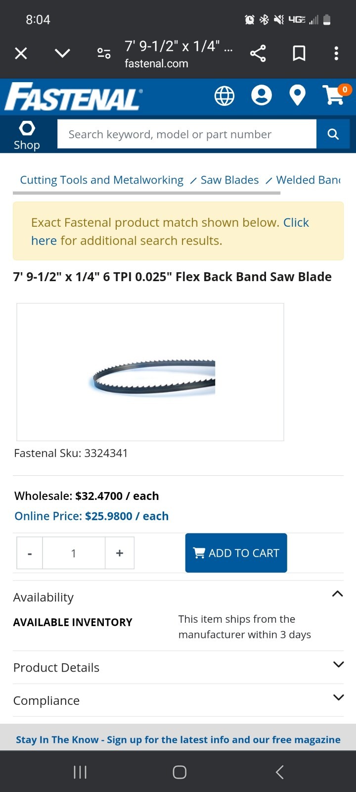 Fastenal 7′ 9-1/2″x 1/4″ 6 Tpi 0.025 Flex Back Band Saw Blade 3324341