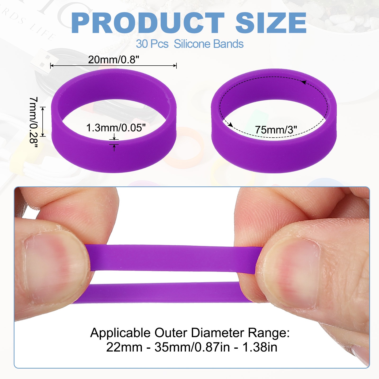 30Pcs 0.8 x 0.28 Inch Silicone Wide Rubber Bands for Fashion Accessory Purple