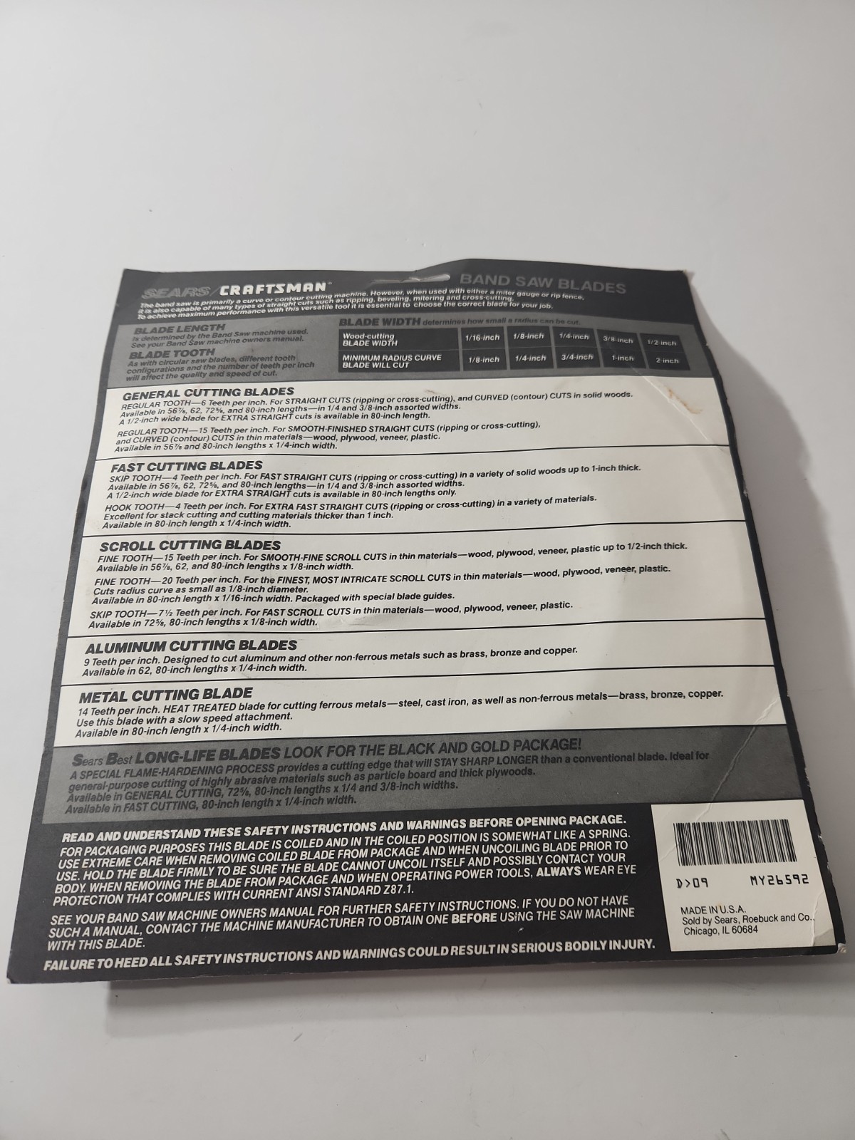 Craftsman Wood Cutting Band Saw Blade 80″ x 1/8″ 15 TPI #9-26592 NOS