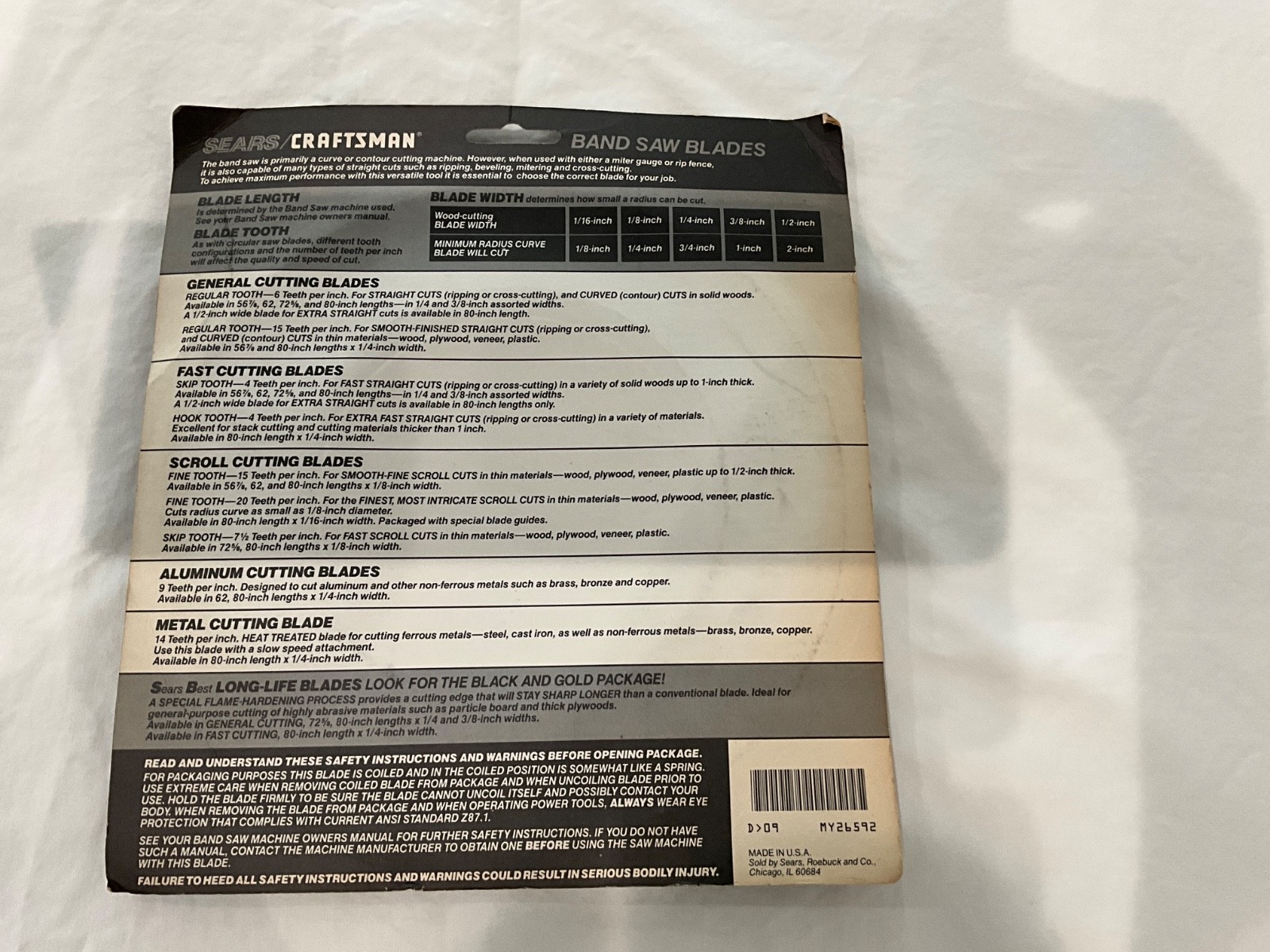 Craftsman 80” Band Saw Blade 926592 – 1/8 inch wide 15 teeth per inch, NOS