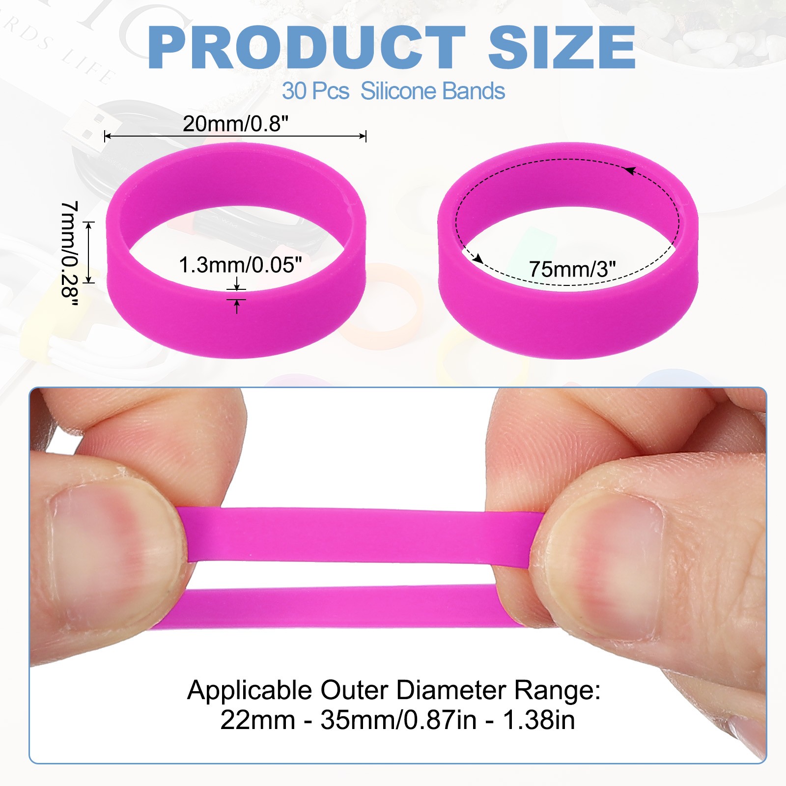 30Pcs 0.8 x 0.28 Inch Silicone Wide Rubber Bands for Fashion Accessory, Rose Red