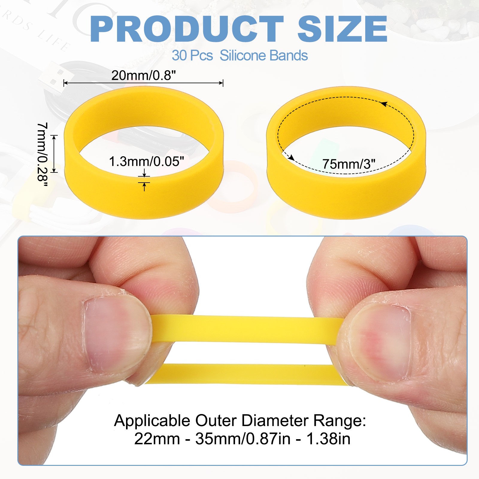 30Pcs 0.8 x 0.28 Inch Silicone Wide Rubber Bands for Fashion Accessory, Yellow