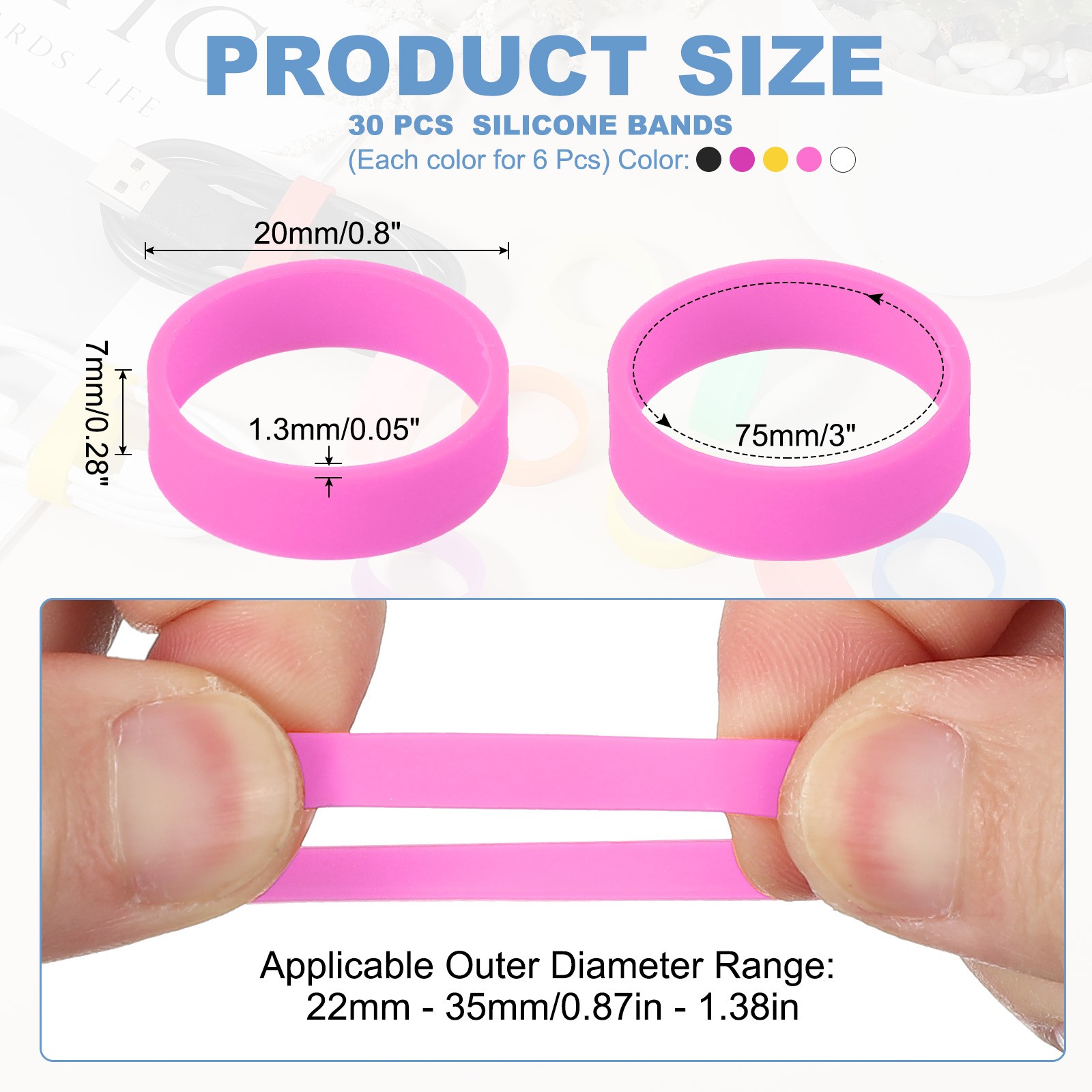 30Pcs 0.8″ x 0.28″ Silicone Wide Rubber Bands Rose Red/White/Pink/Black/Yellow]