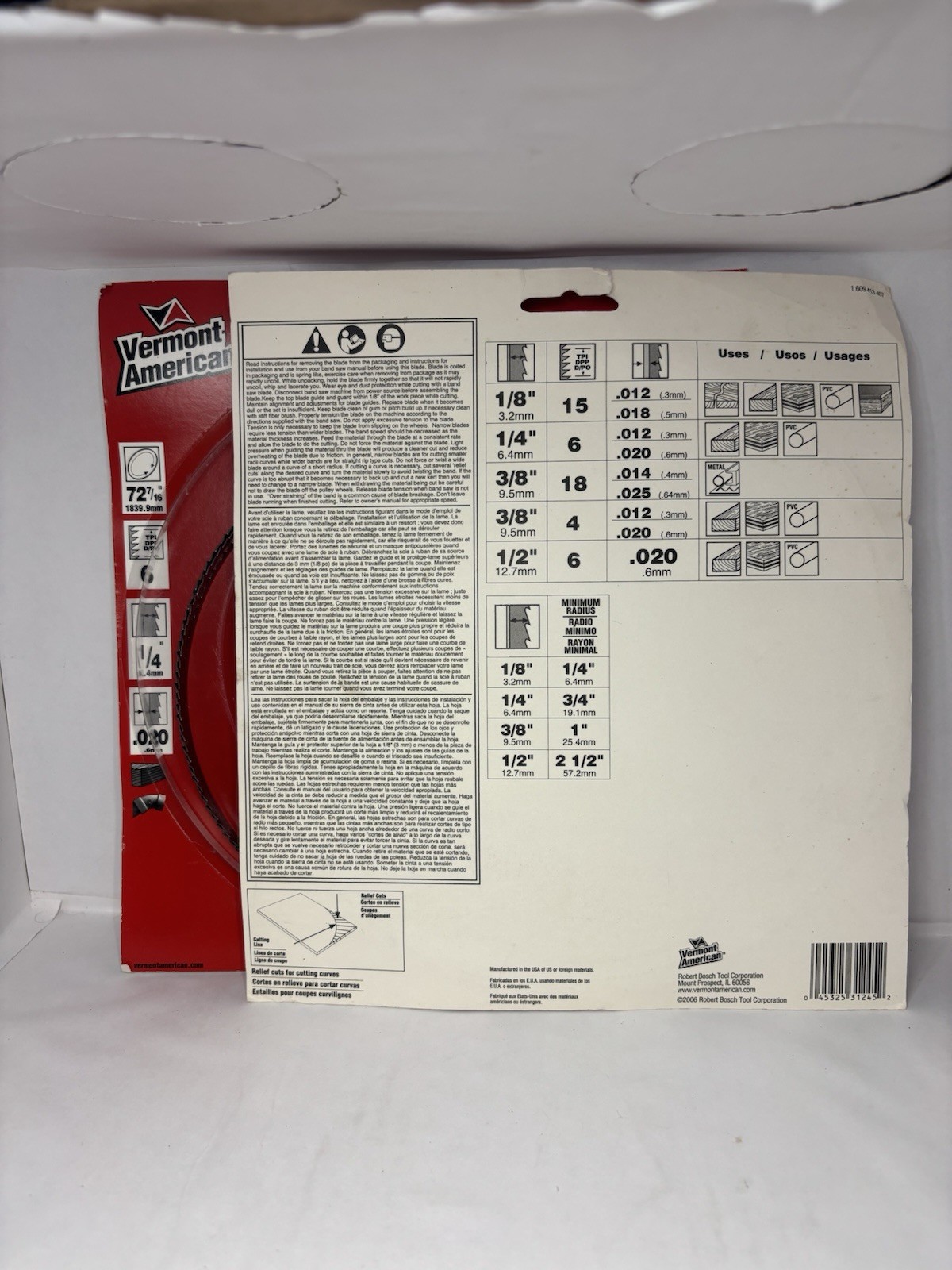 Vermont American 31245 Band Saw Blades 72-7/16in x 1/4in x .020 6TPI Set of 2