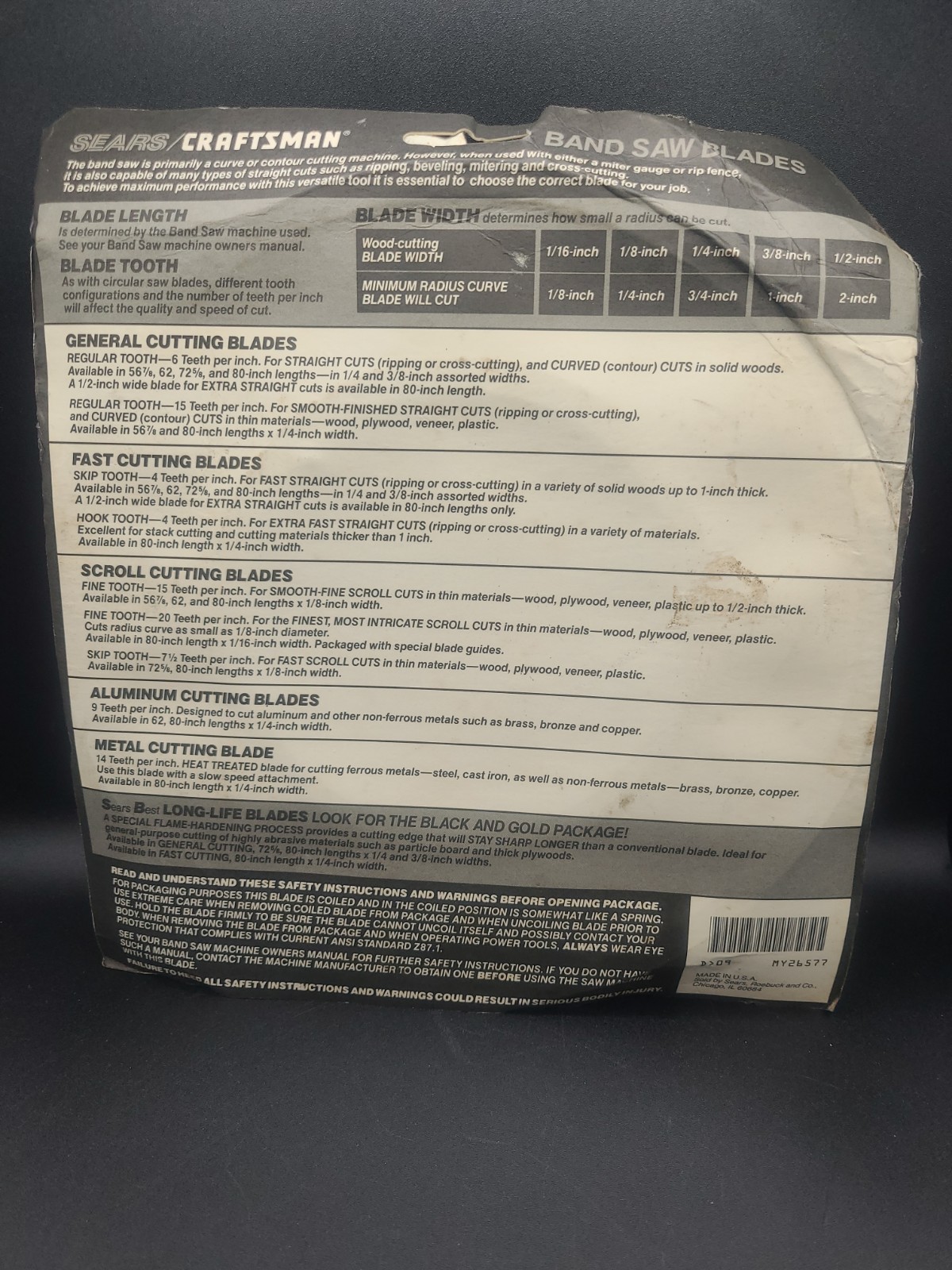 NOS Craftsman 926577 Band Saw Blade, 80″L X 1/8″ W 7 1/2 Teeth Per Inch.