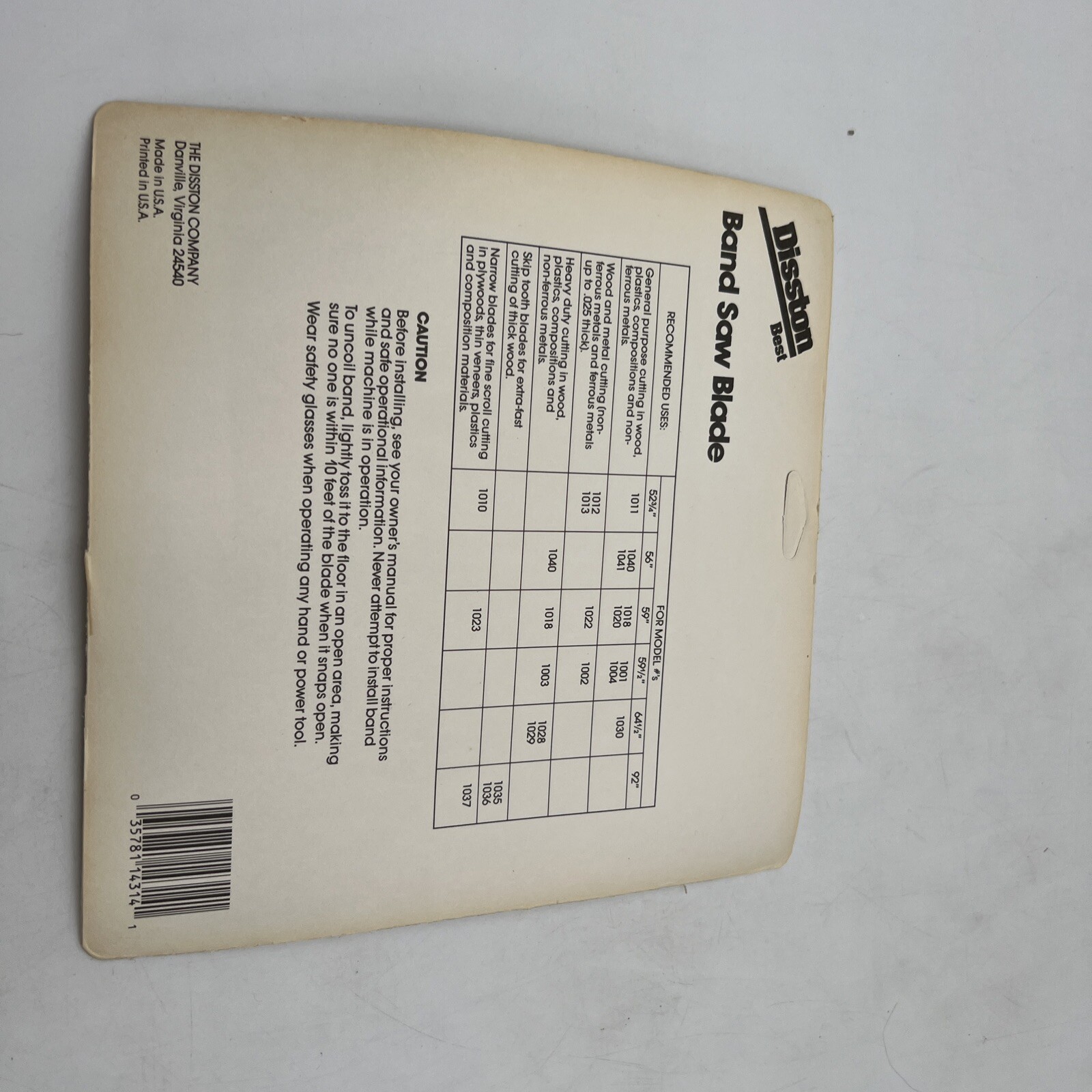 Disston Band Saw Blade 59” Length 1/4 Width .014 Thickness 6 Teeth inch 1020