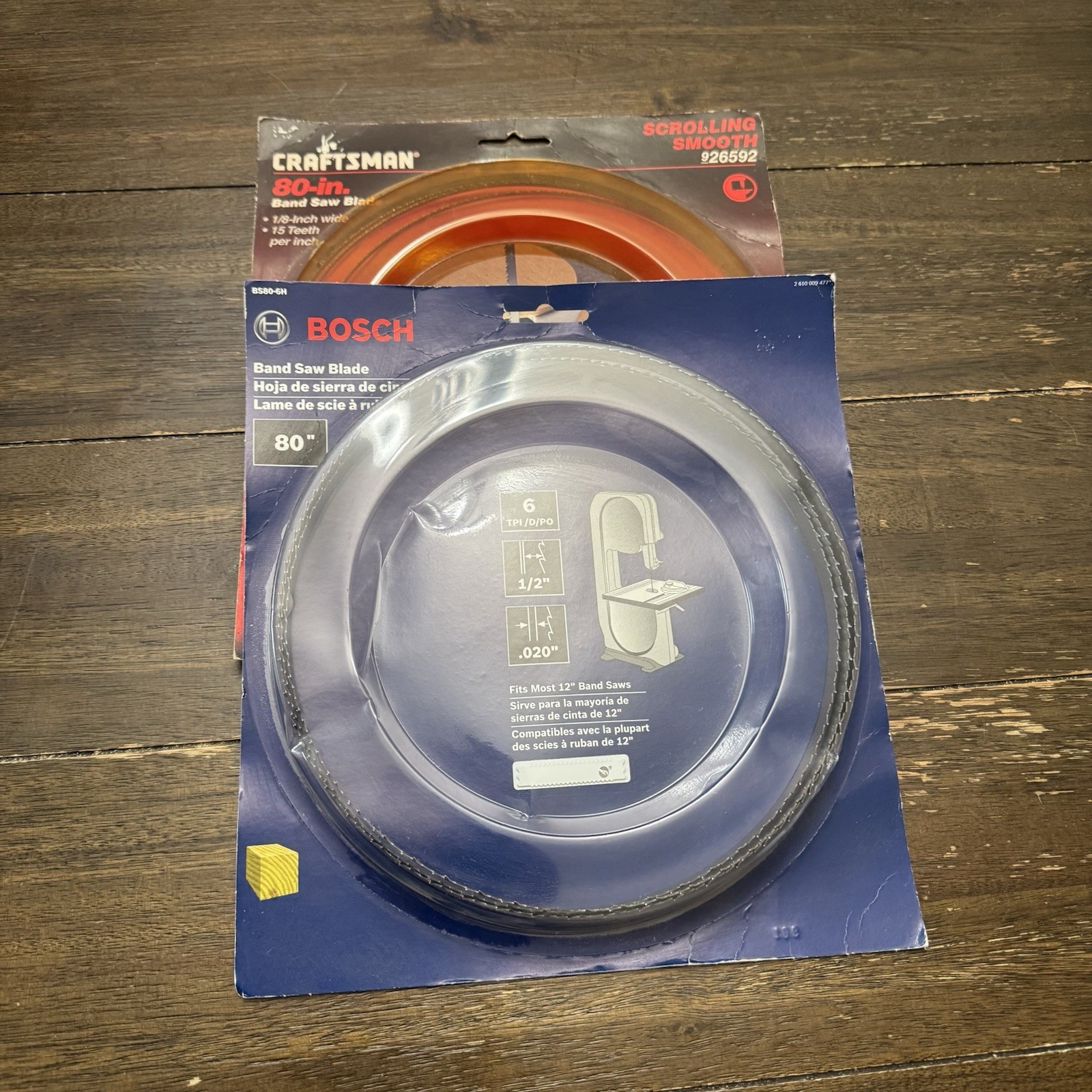 Lot of Two 80″ Bandsaw Blades, Craftsman 15 TPI, Bosch 6 TPI