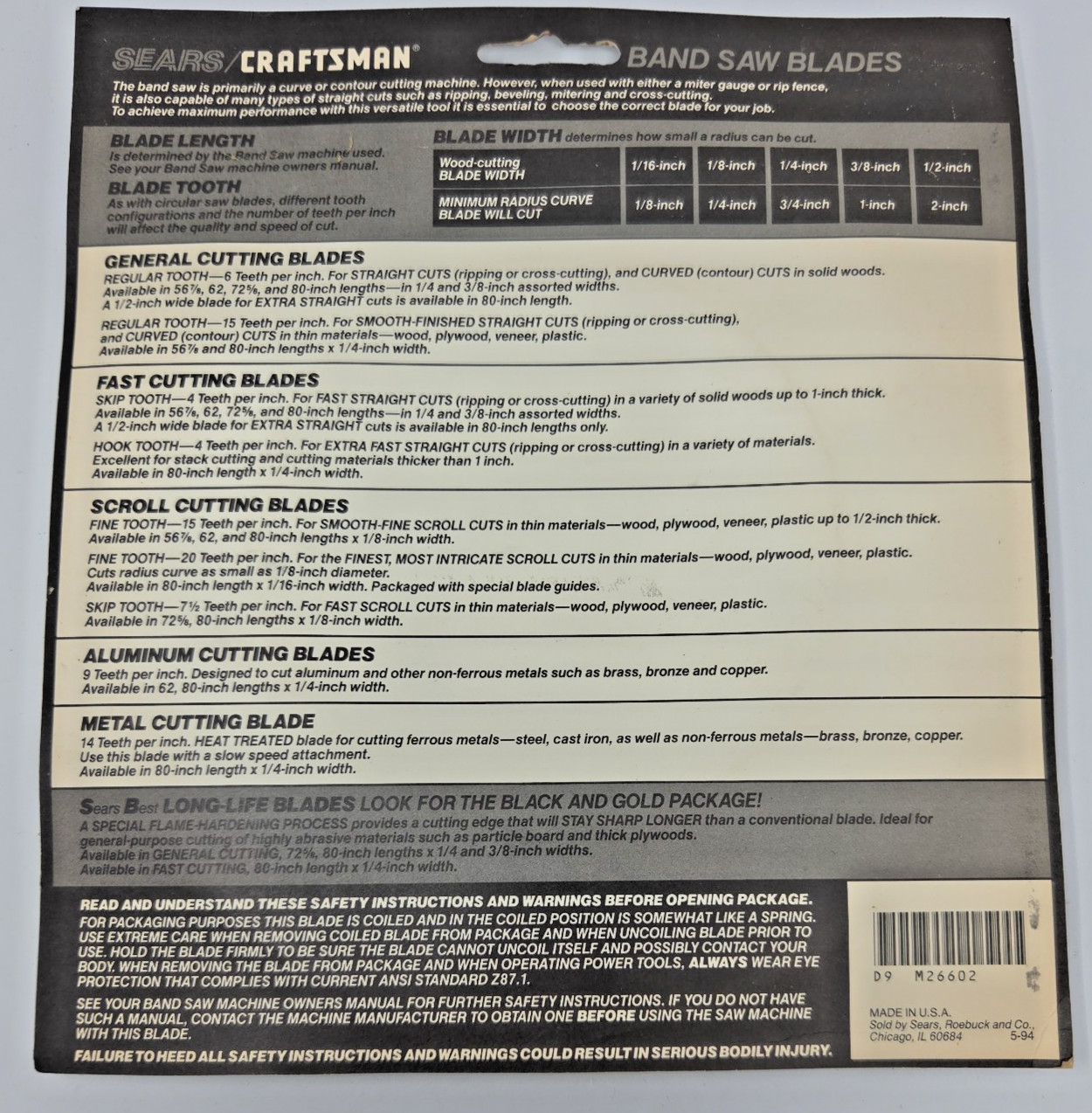 Sears Craftsman 926603 56 7/8″ Scroll Cutting Band Saw Blade 3 Pack NOS New