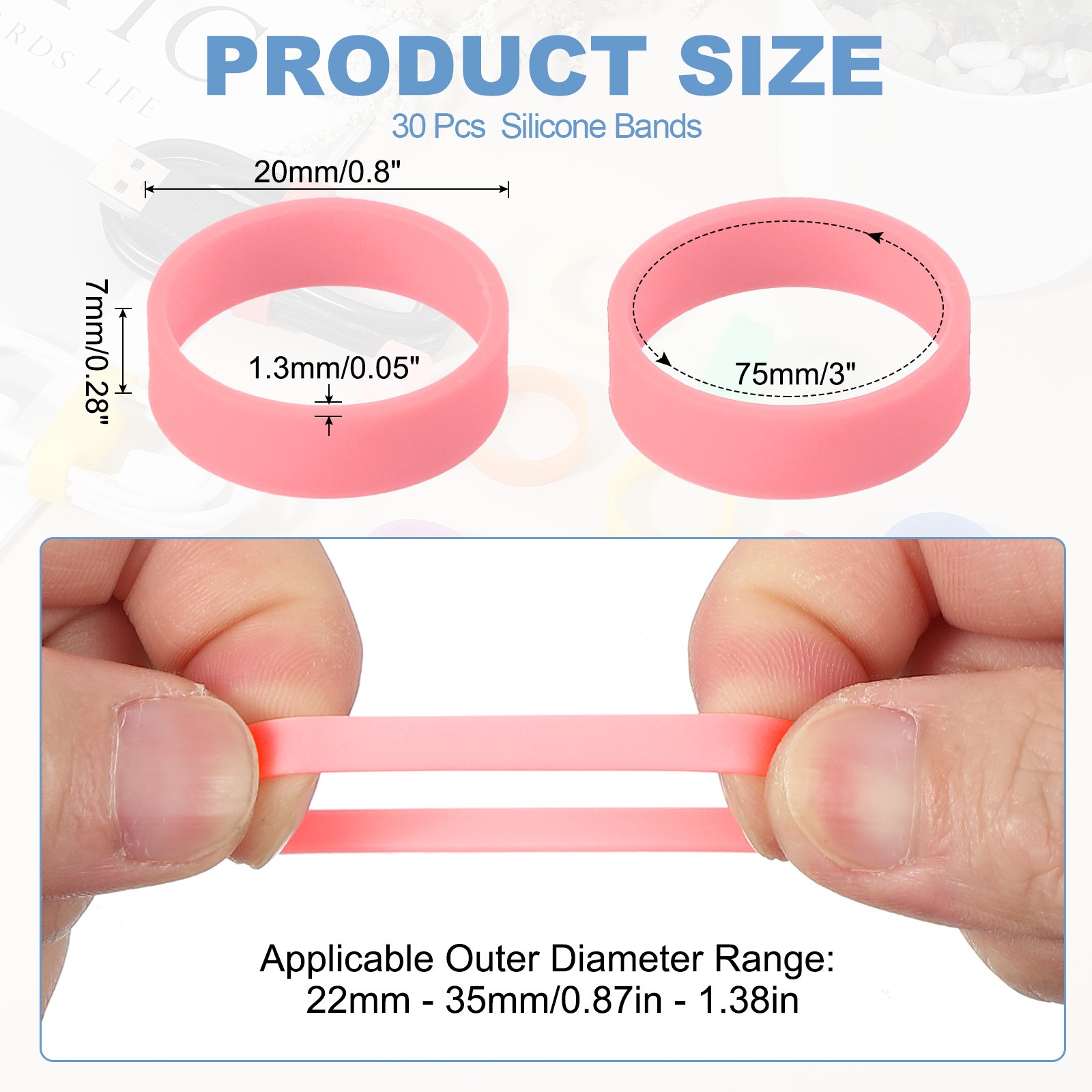 30Pcs 0.8 x 0.28 Inch Tiny Silicone Wide Rubber Bands Rings, Luminous Red
