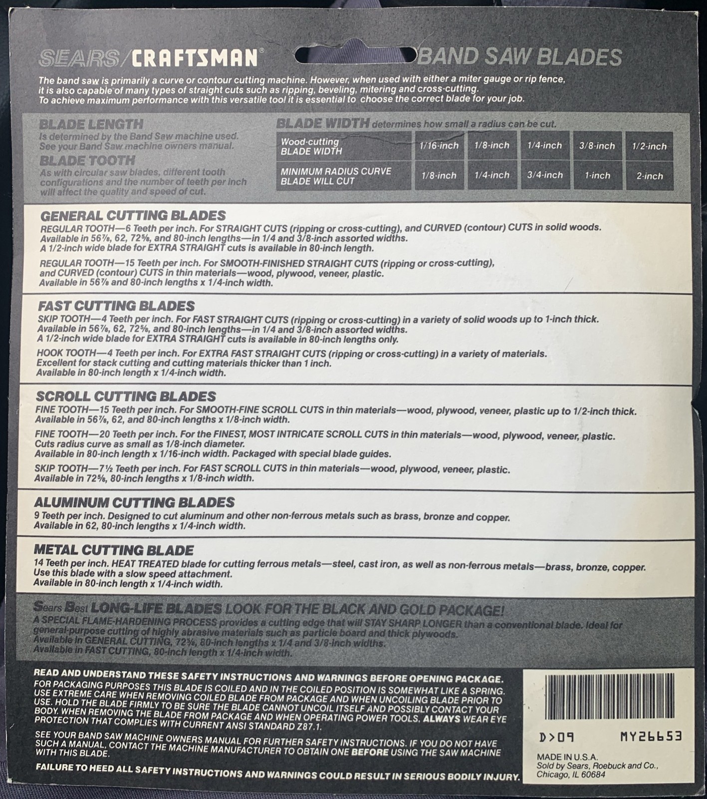 Sears Craftsman 926653 Band Saw Blade 56 7/8″ 1/4 Wide 6 TPI Straight Curved