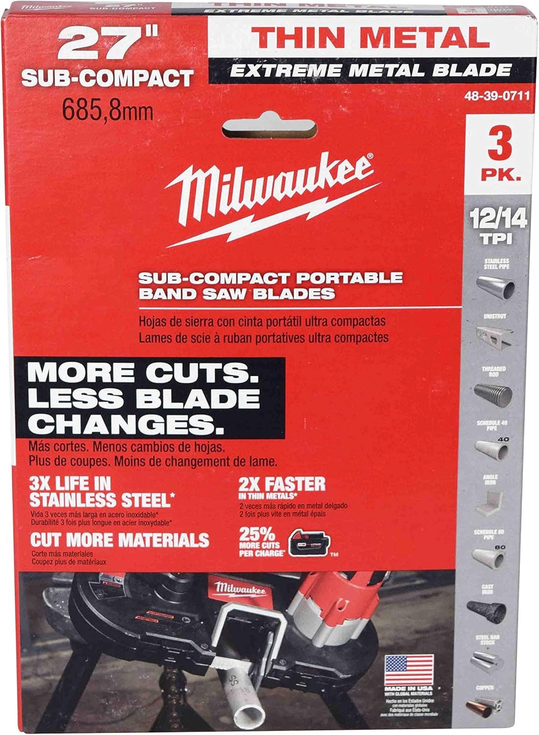 Milwaukee 48-39-0711 Extreme Thin Metal Band Saw Blades 3PK for Sub Compact 6225