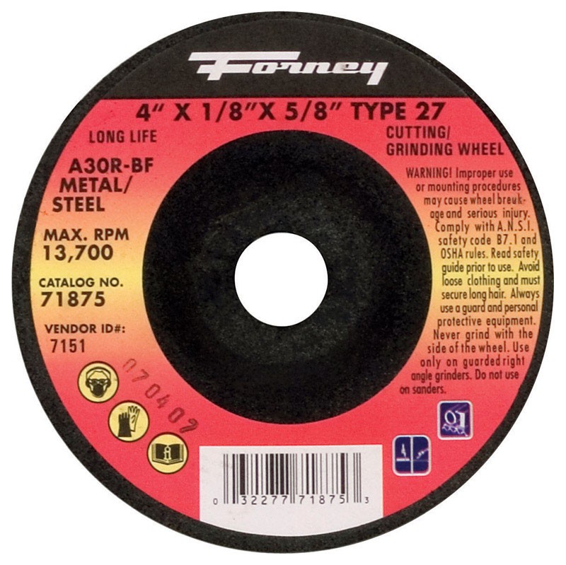 Forney 71875 Aluminum Oxide 13,700 rpm 4 Dia. in. Grinding Wheel 1/8 in. Thick
