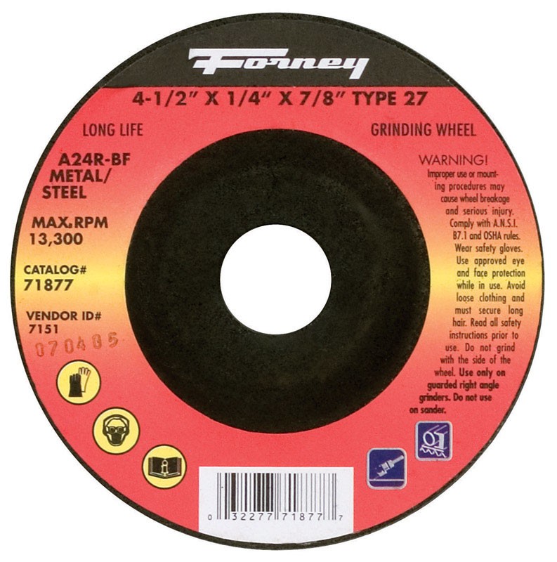 Forney 71877 Aluminum Oxide 13,300 rpm 4.5 Dia. in. Grinding Wheel 1/4 in. Thick