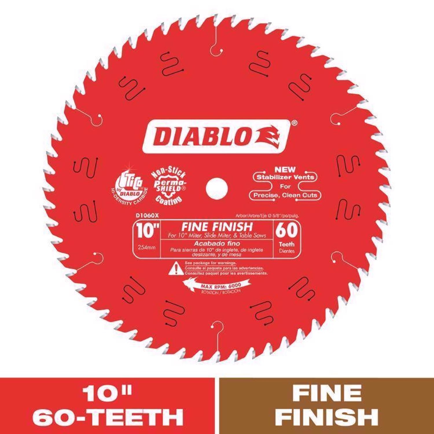 Diablo D1060X 60 Tooth Fine Finish Carbide Circular Saw Blade 10 Dia. in.
