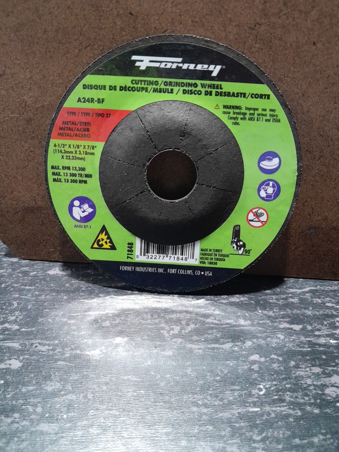 Forney 71848 Aluminum Oxide Metal Grinding Wheel 4-1/2 Dia. x 1/8 Thick in.