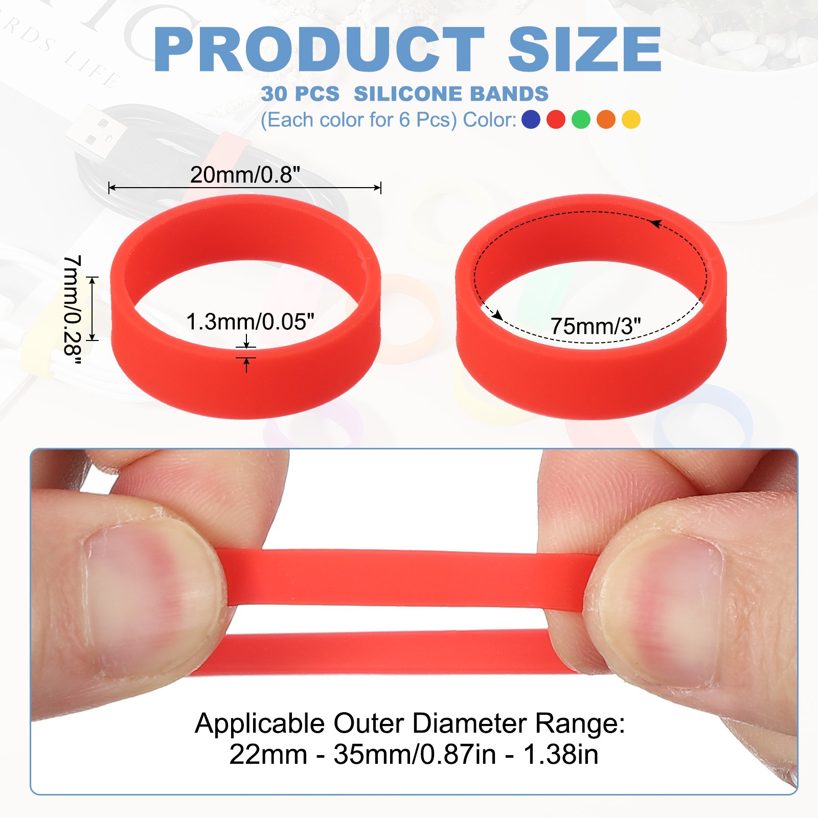 30Pcs 0.8″ x 0.28″ Silicone Wide Rubber Bands, Red/Orange/Yellow/Green/Dark Blue