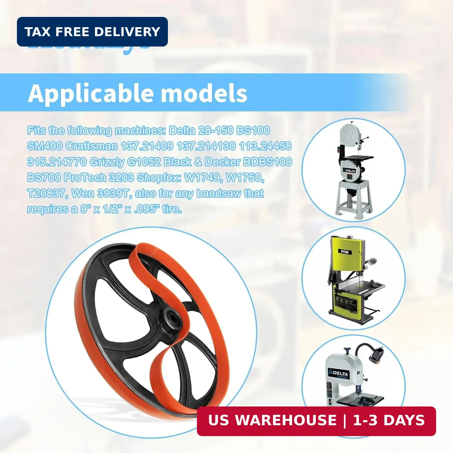 9 inch x 1/2 inch x .095 inch Band Saw Tires Replacement for Delta 28-150 BS100