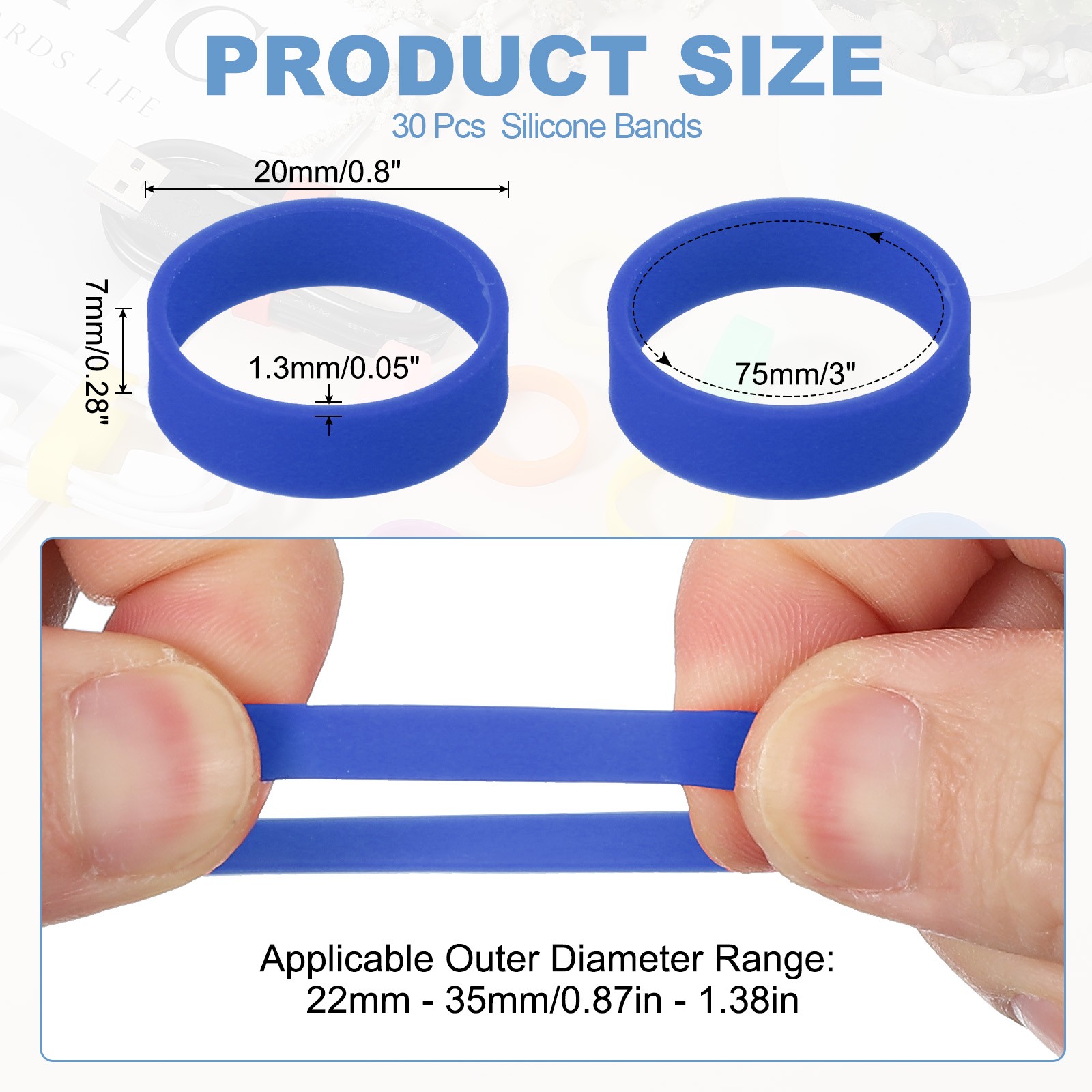30Pcs 0.8″ x 0.28″ Silicone Wide Rubber Bands for Fashion Accessory Dark Blue