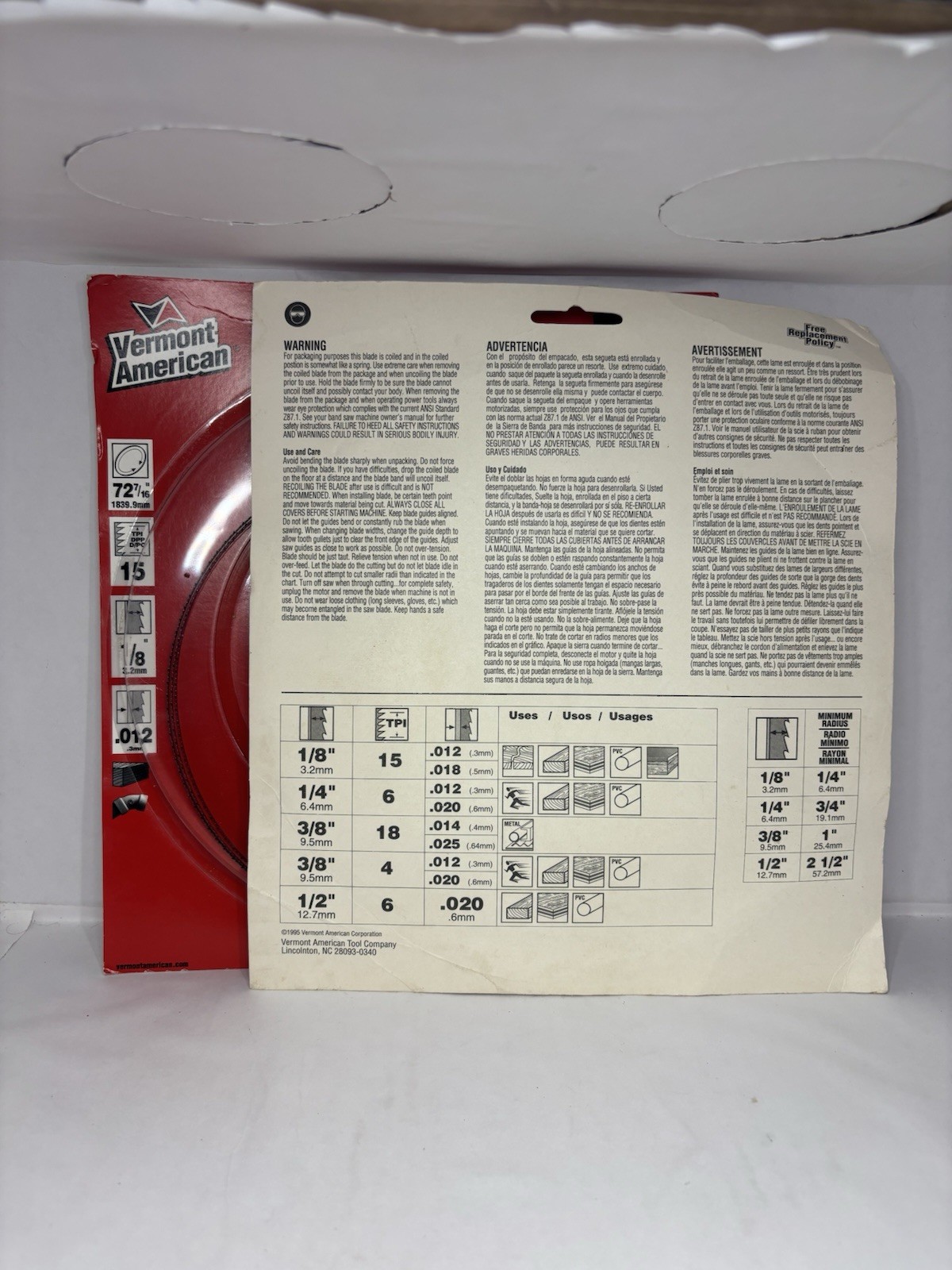 Vermont American 31242 Band Saw Blade 72-7/16in x 1/8in 15 TPI .012 PVC