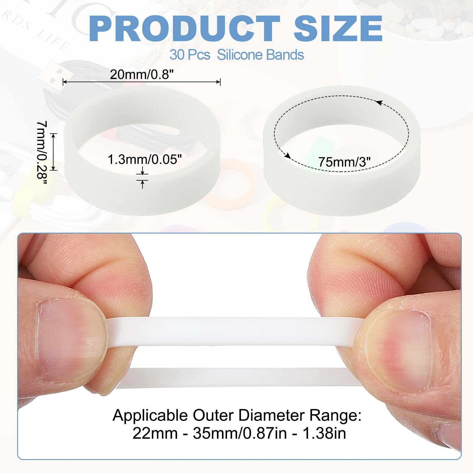 30Pcs 0.8 x 0.28 Inch Silicone Wide Rubber Bands for Fashion Accessory, White