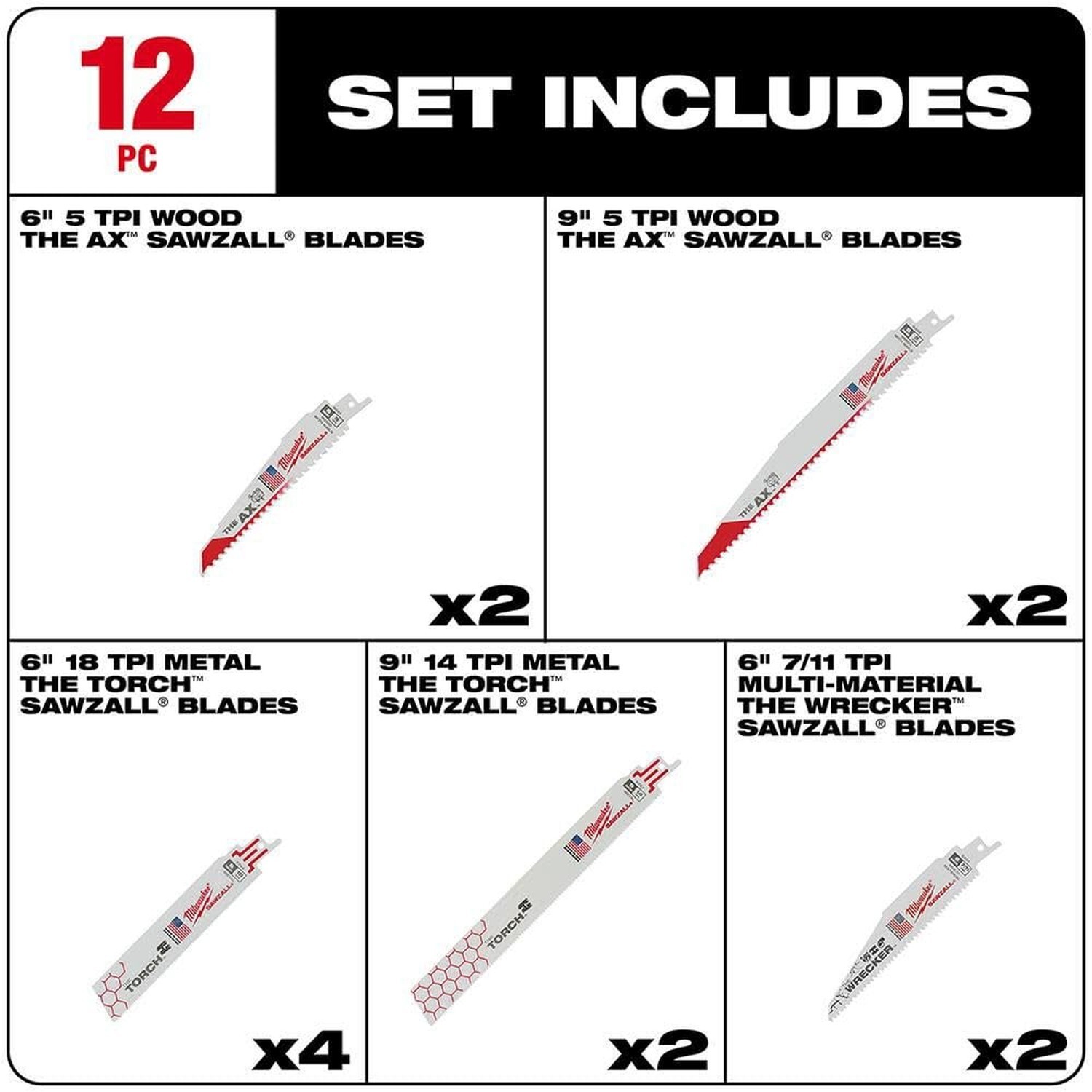 Milwaukee Electric Tool 49-22-1129 Sawzall Reciprocating Saw Blade Set, 12 Pc…