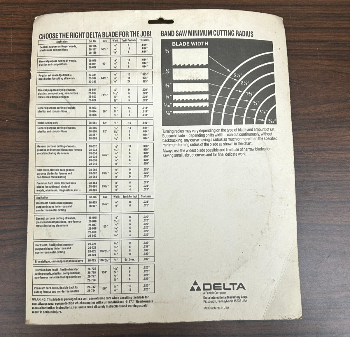 Vintage DELTA BAND SAW BLADE 28-036 Carbon Steel 93.5″ Width 6 TPI Tool Part NOS