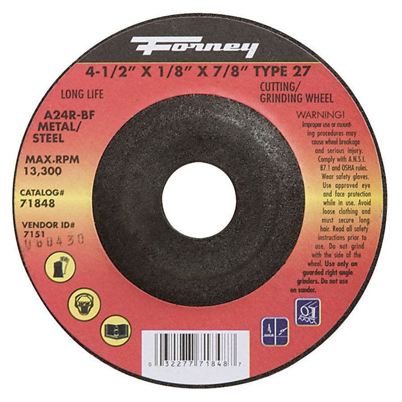 Forney 71848 Aluminum Oxide Metal Grinding Wheel 4-1/2 Dia. x 1/8 Thick in.