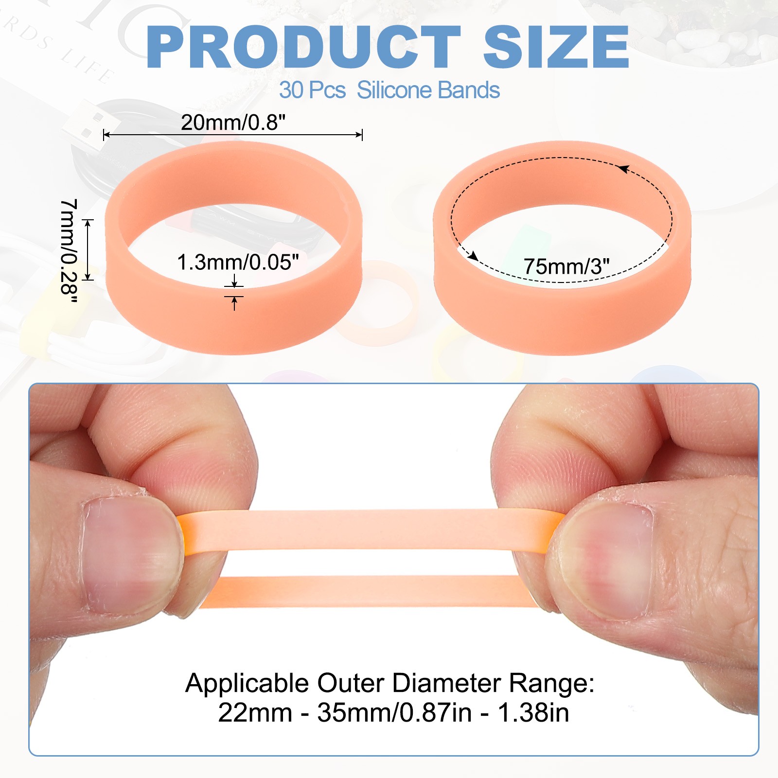 30Pcs 0.8 x 0.28 Inch Tiny Silicone Wide Rubber Bands Rings, Luminous Orange