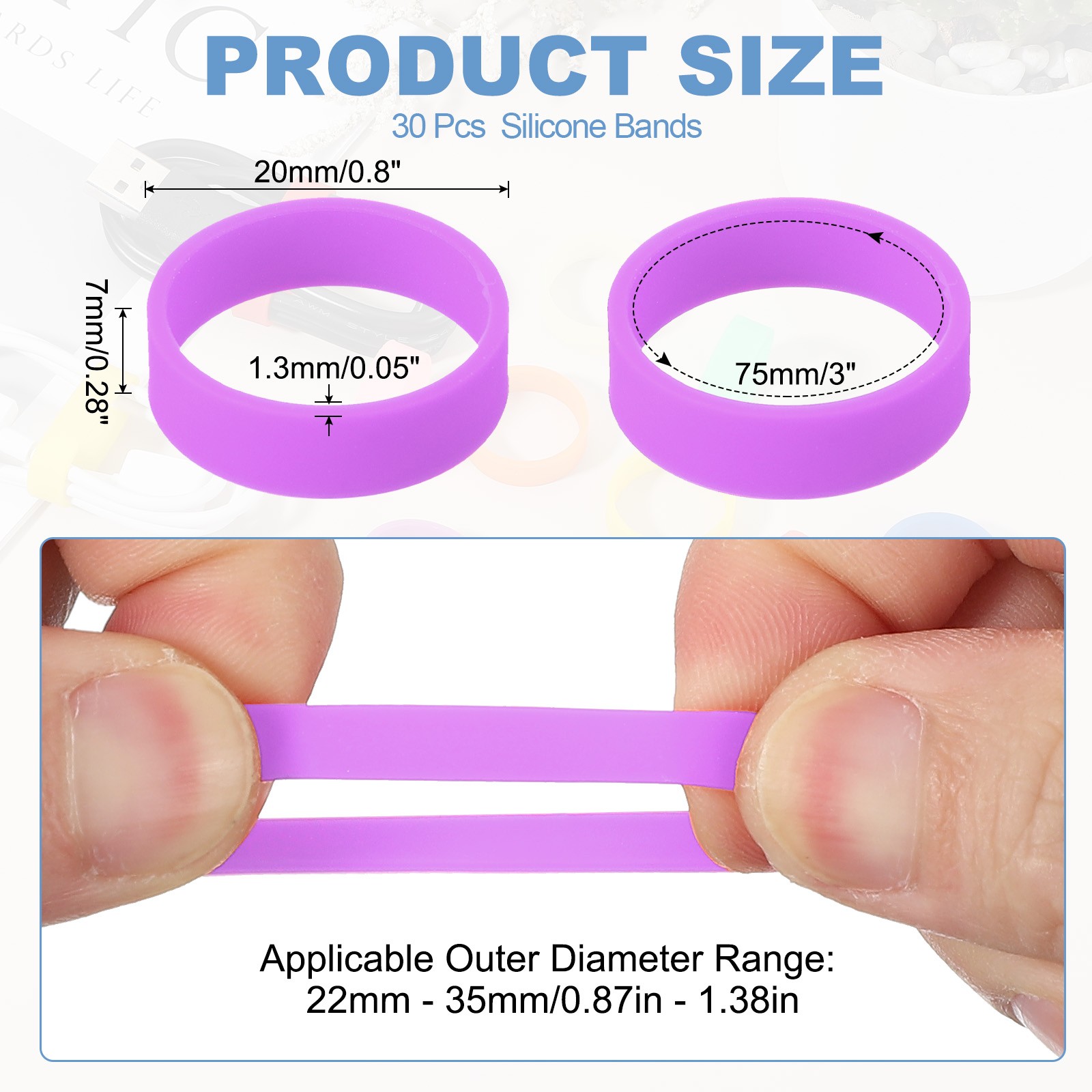 30Pcs 0.8 x 0.28 Inch Tiny Silicone Wide Rubber Bands Rings, Luminous Purple